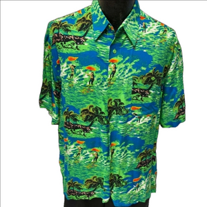 Vintage 80's Puritan Blue Green Fire Surfer Hawaiian Shirt sz XL T